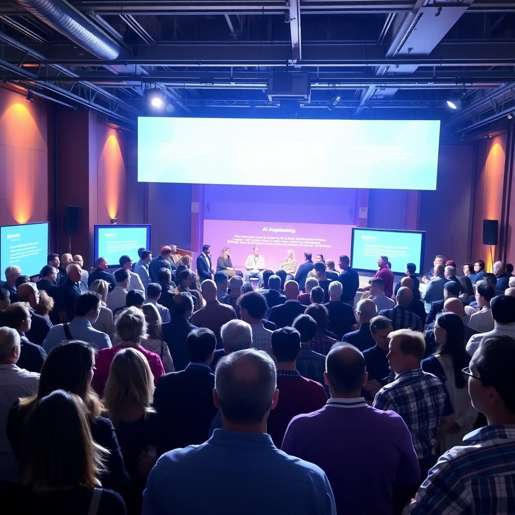 A lively gathering of people at a tech event, interacting and sharing experiences on AI advancements. Bright lights illuminate a stage with speakers, while the audience is filled with engaged listeners. The overall atmosphere is energetic and inviting, emphasizing the value of networking and community involvement.