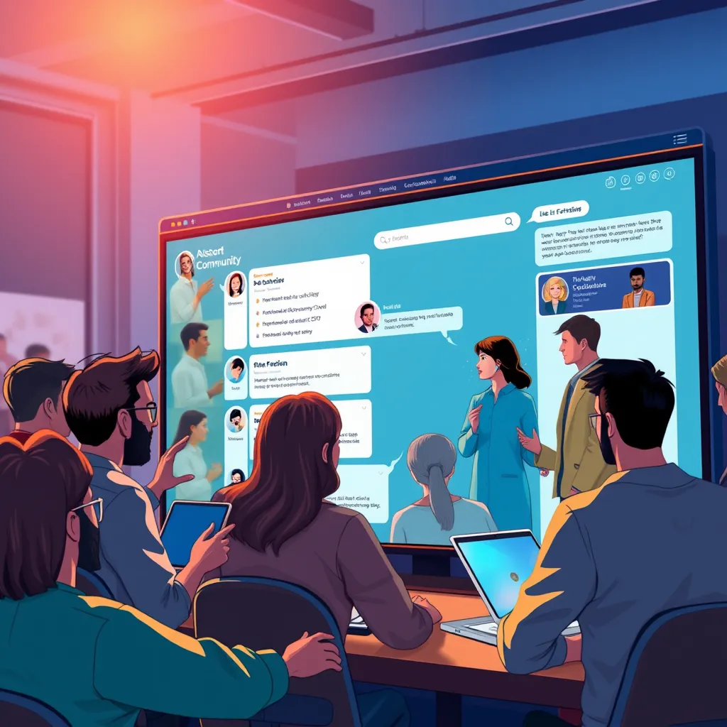 A lively illustration of users interacting on a community website with forums and chat sections visible on screen. Show diverse individuals actively participating in discussions, sharing ideas, and networking, all against a backdrop of a supportive community setting.