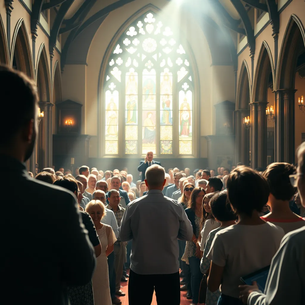A lively interior of a UK church during a worship service, filled with diverse attendees singing joyfully. Soft sunlight pours through stained glass windows, creating a warm atmosphere. The pastor is at the front, engaged with the audience in a welcoming and spiritual environment.