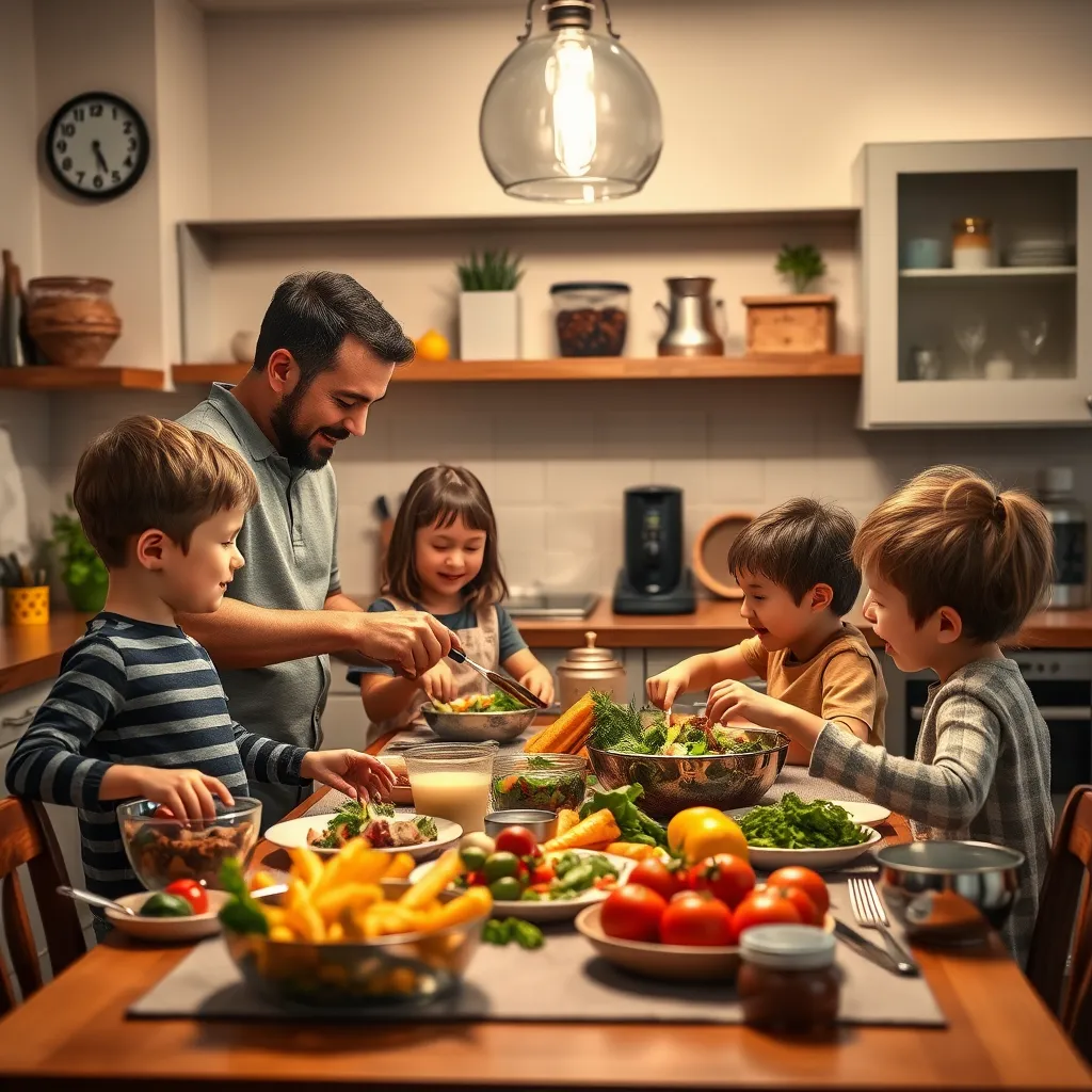 A lively kitchen setting showing a family engaged in a dinner preparation routine. The parents are working together while two children assist enthusiastically. The table is set with healthy food options and a clock on the wall indicates it’s mealtime, symbolizing the importance of consistent family routines in a warm and engaging environment.
