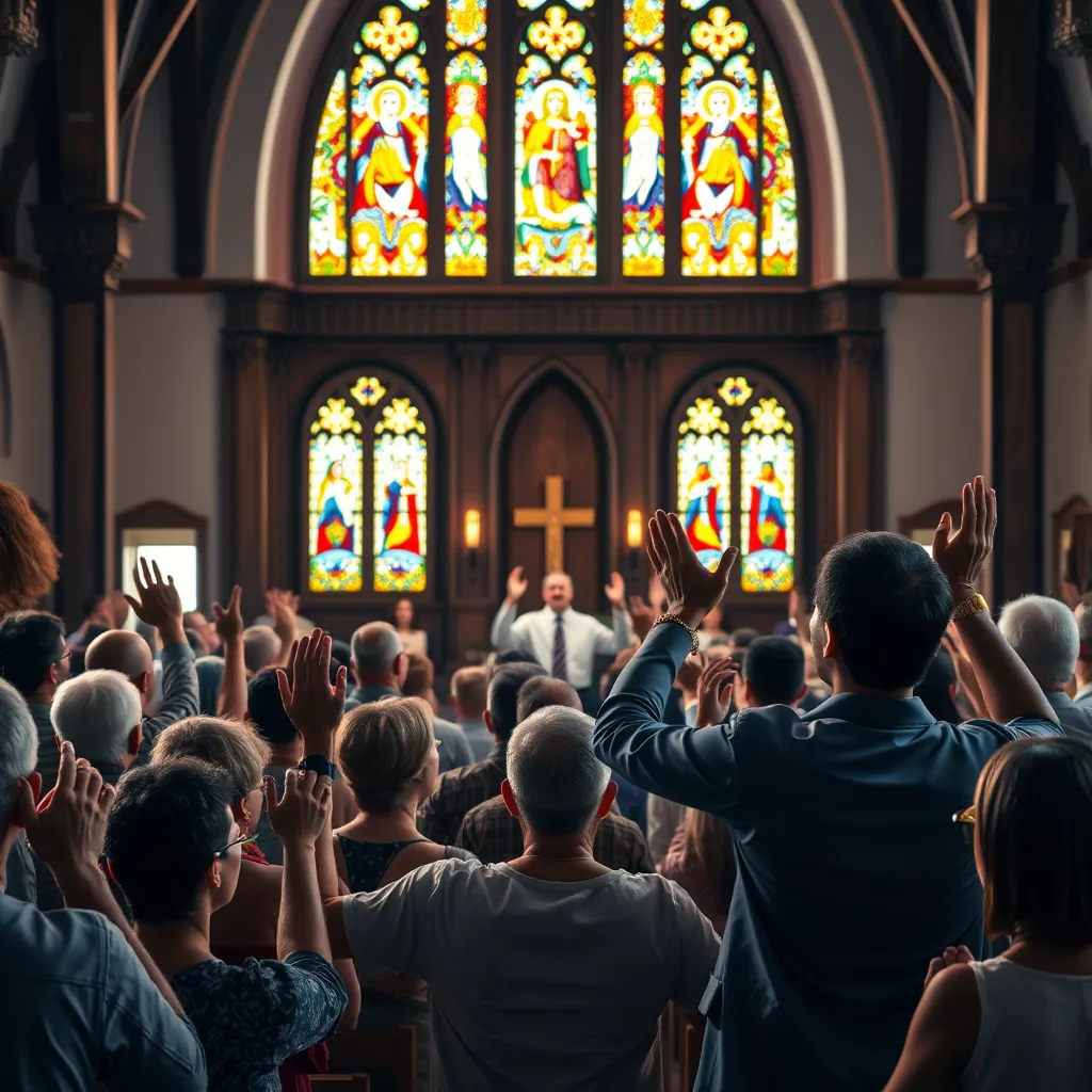 A lively scene of a church worship service, where a diverse congregation is singing joyfully. The interior is beautifully decorated, with colorful stained glass windows filtering light. The pastor is leading with passion, and people are raising their hands in worship.