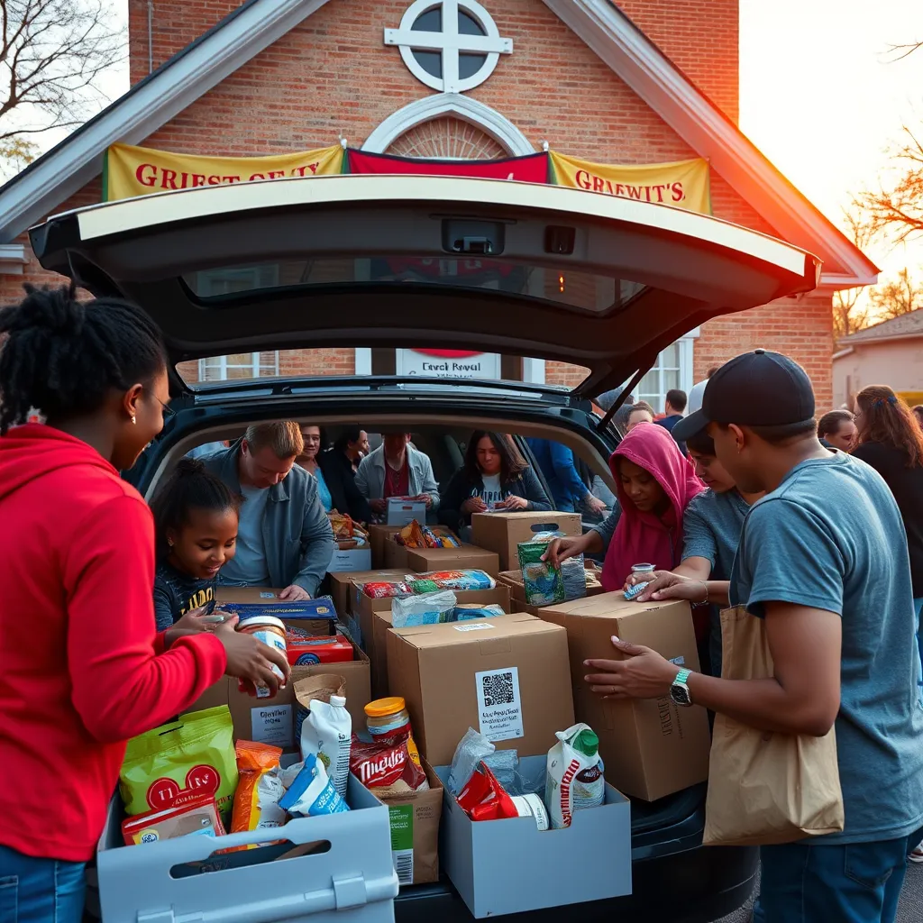 A local church organizing a community food drive, with volunteers of various ages loading boxes of food into a car. In the background, the church's exterior is visible, decorated with banners promoting the event, and a diverse group of community members is participating.