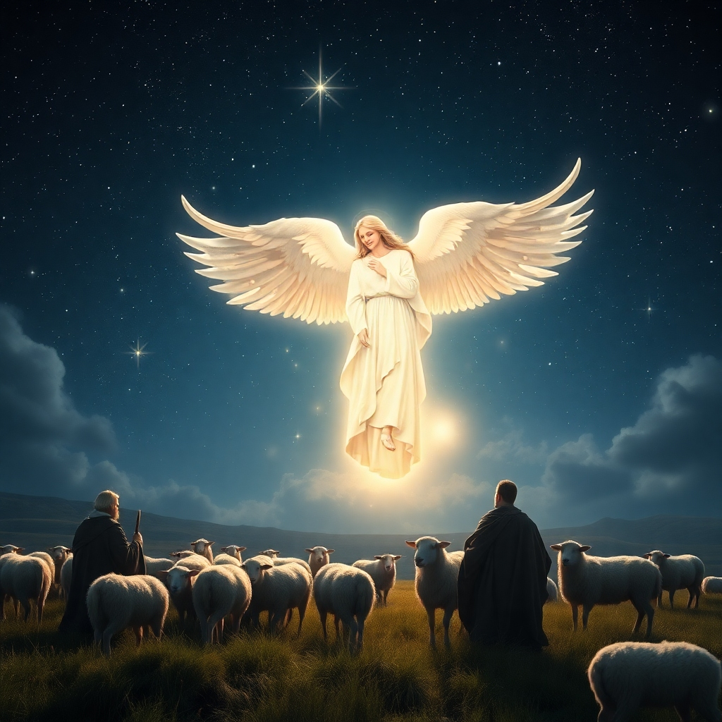 A magnificent scene of an angel appearing to shepherds in a night sky filled with stars. The angel, glowing with ethereal light, conveys joy and hope, while the shepherds look in awe, surrounded by their sheep in a serene pastoral landscape.
