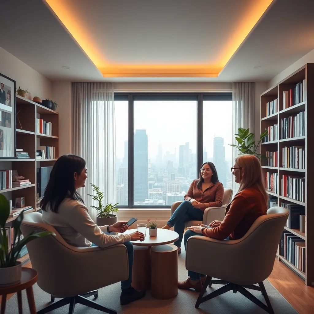A modern, cozy counseling office featuring a therapist engaging with a couple. The scene includes contemporary decor, a large bookshelf filled with relationship books, and a bright window showing a view of a cityscape outside, symbolizing urban support resources.