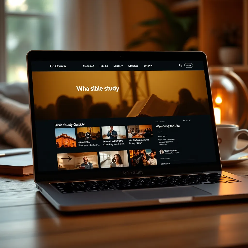 A modern church website homepage displayed on a laptop screen, showing a vibrant online Bible study section with videos, downloadable PDFs, and community chat features. The cozy atmosphere of a home office, warm lighting, and a cup of tea in the background.