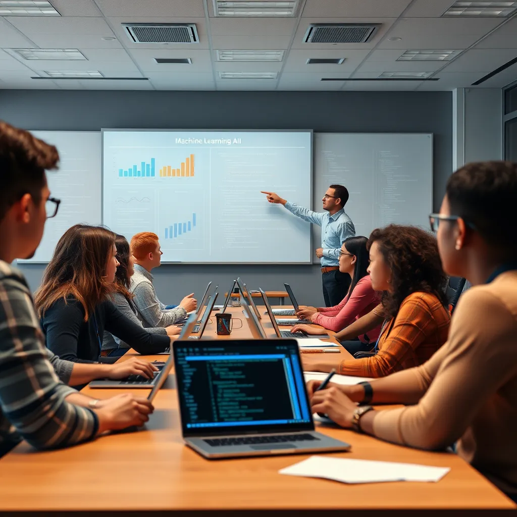 A modern classroom setting with a diverse group of students actively engaged in learning about AI. Include elements like laptops, charts with data, Python programming code on screens, and an instructor pointing at a whiteboard with machine learning concepts.