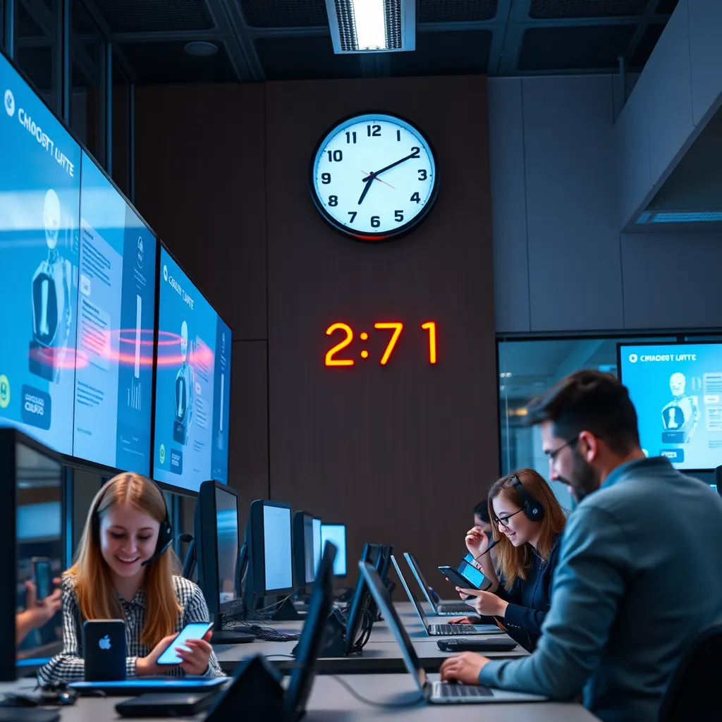A modern customer support center with multiple screens showing a chatbot interface. A clock displaying 24/7 time on the wall. Customers happily interacting with chatbots on their phones and laptops, showcasing immediate assistance and accessibility.