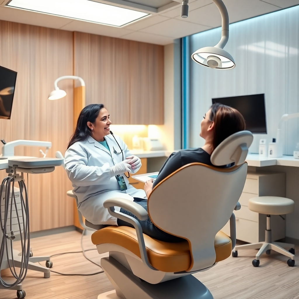 A modern dental clinic interior showcasing a comfortable dental chair, bright lighting, and a friendly dentist consulting with a patient. The background should include dental tools and a smiling patient, emphasizing a welcoming and professional environment.
