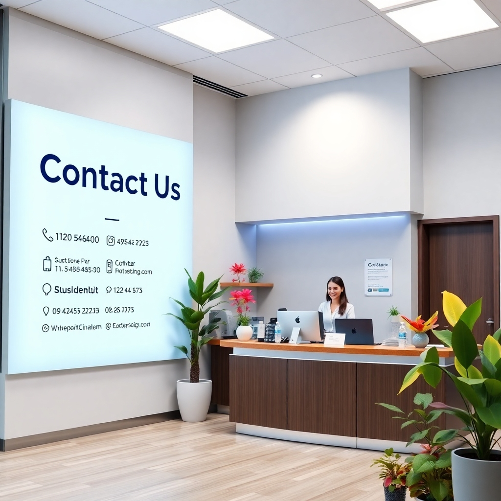 A modern dental clinic reception area with a large sign saying 'Contact Us' and various communication options displayed, such as phone numbers and email addresses. A welcoming atmosphere with a friendly receptionist greeting potential patients and colorful plants in the environment.