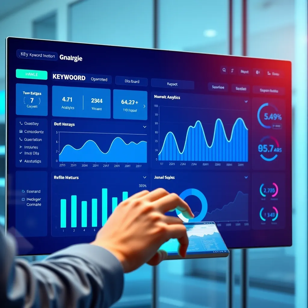 A modern digital dashboard displaying real-time keyword analytics, featuring graphs, pie charts, and numerical data. The screen is sleek and futuristic, with a blend of blue and green colors, and a person interacting with the dashboard using a touchscreen device.