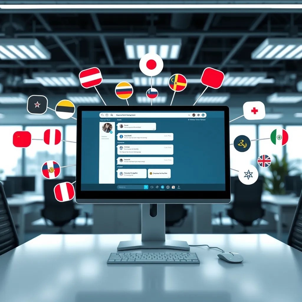 A modern office environment with a multilingual chat interface on a computer screen. Surrounding the computer are icons representing different languages and cultures, such as flags and symbols, illustrating how the chat connects people from various backgrounds.