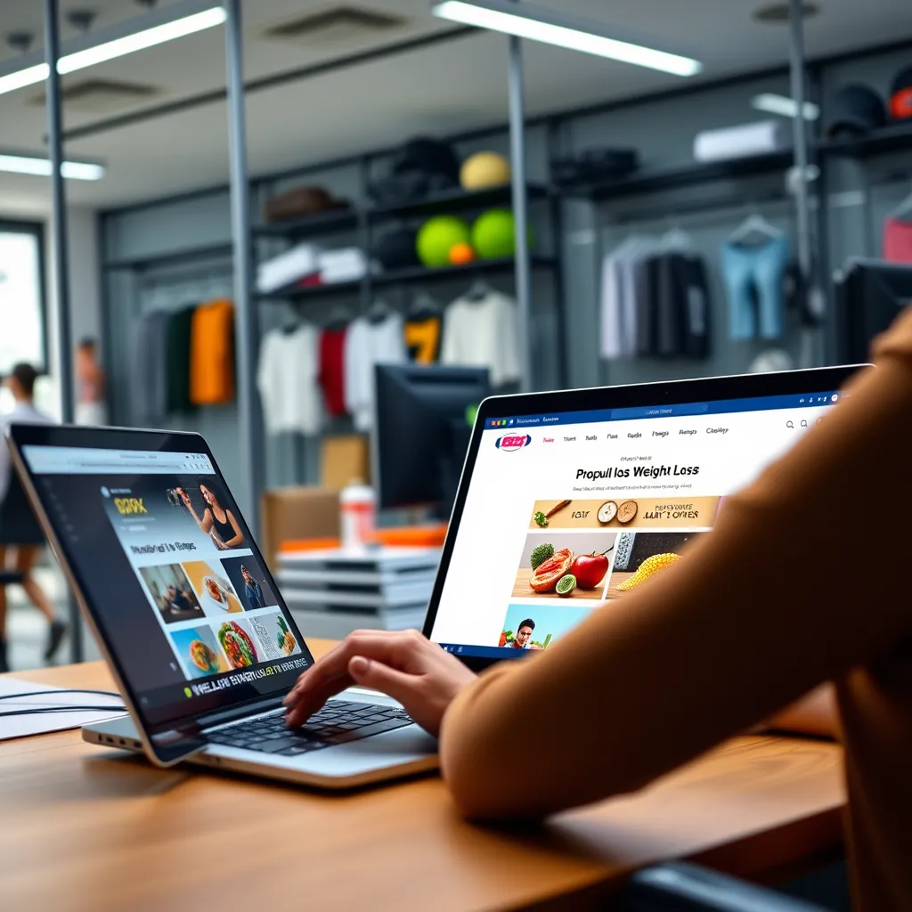 A modern office setting with a person researching weight loss on a laptop. The screen displays popular weight loss websites. The background shows fitness gear and healthy food options, creating an inspiring atmosphere for health-conscious individuals.