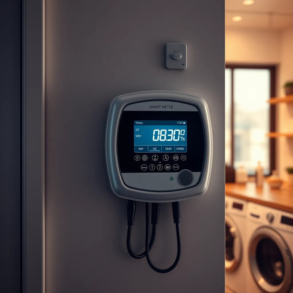 A modern smart meter installed on a wall, displaying real-time energy consumption data on a digital screen, surrounded by household energy appliances like a refrigerator and washing machine, with a warm home interior ambiance.