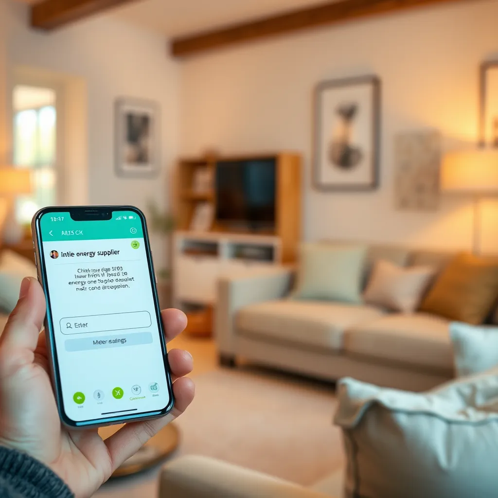 A modern smartphone displaying a user-friendly energy supplier app interface, with a clear section for entering meter readings. The background shows a comfortable living room with soft furnishings, creating a warm and inviting atmosphere.