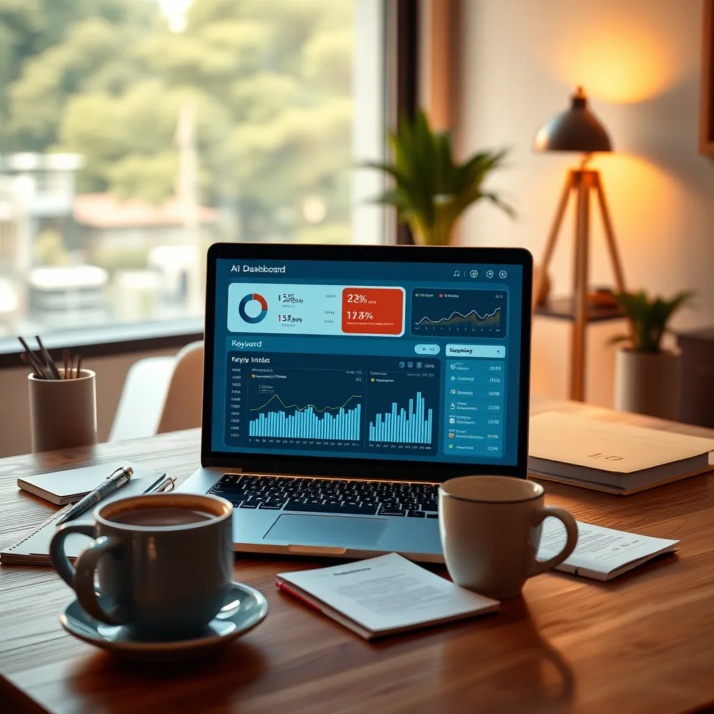 A modern workspace featuring a laptop displaying an AI dashboard with keyword analytics. Surrounding the laptop are digital notes and coffee cups. The atmosphere should be bright and inspiring, depicting efficiency and creativity in content creation.