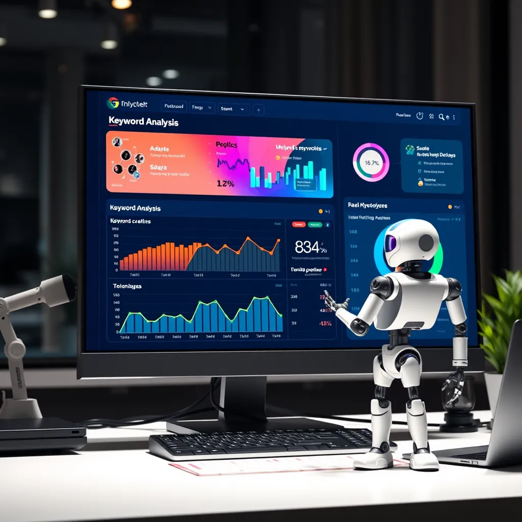 A modern workspace with a computer screen displaying a colorful dashboard of keyword analysis. Include visuals of graphs, charts, and highlighted keywords. Add an AI robot assisting a marketer in the background, symbolizing collaboration between AI and human creativity.