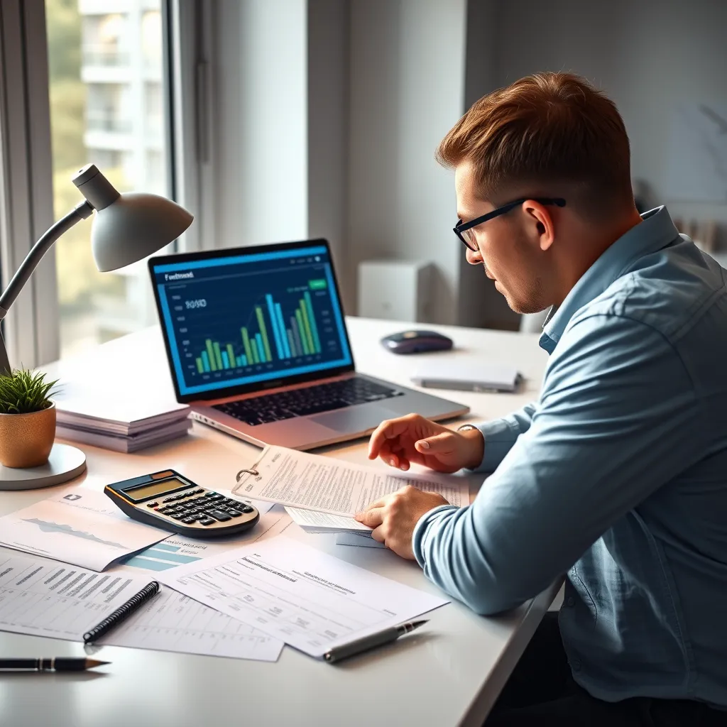 A modern workspace with an individual analyzing bills and financial statements on a desk. Include a calculator, a laptop showing a debt management app, and charts visualizing debt amounts. The setting should be bright and organized, conveying a sense of clarity and focus.