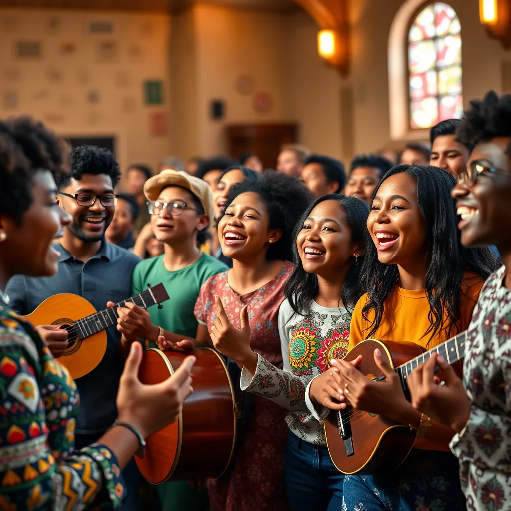 A multi-ethnic group of young people gathered in a church setting, engaging in a culturally diverse worship session with musical instruments. The atmosphere is filled with vibrant colors and expressions of joy and unity, showcasing a celebration of diversity in faith.