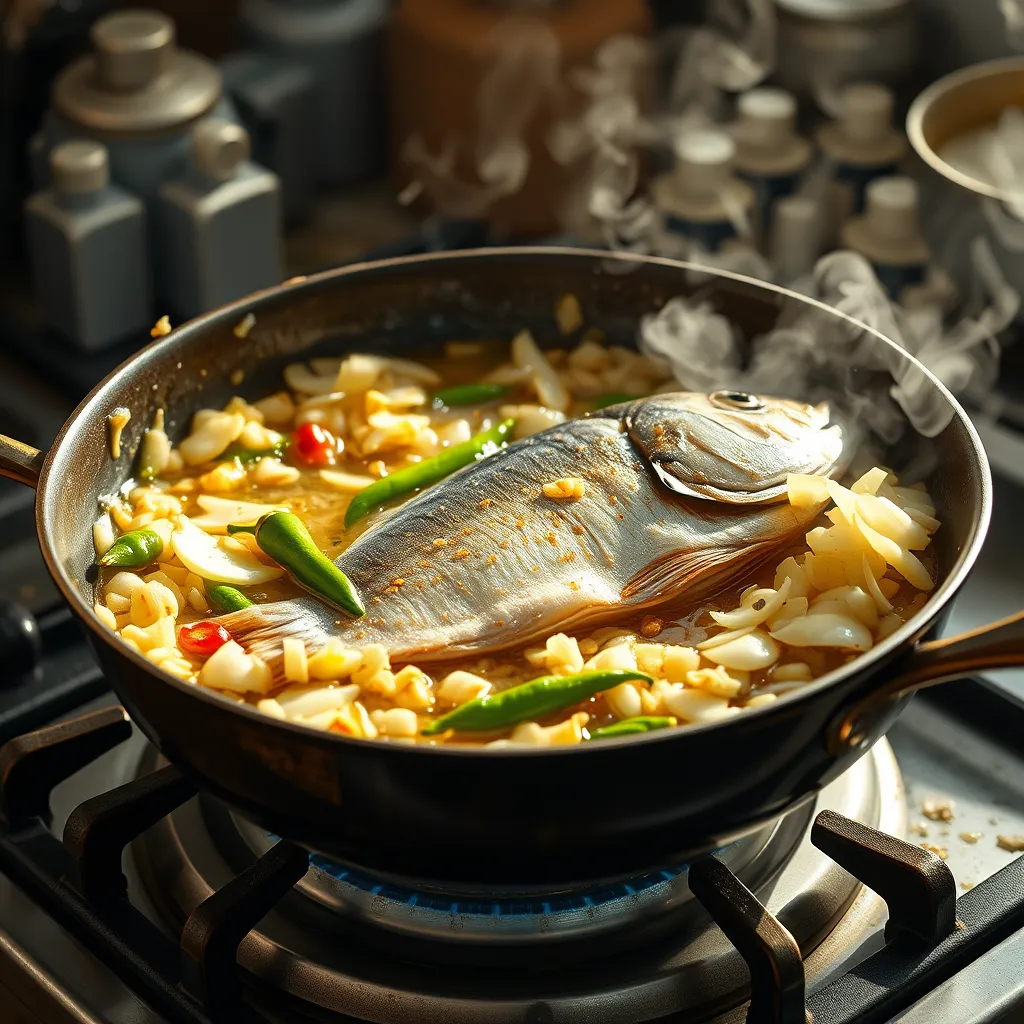 A pan on a stove with onions, garlic, and green chilies sizzling in mustard oil. The fish is added and cooking, with visible flakes forming. The kitchen is bright and filled with aromatic steam, emphasizing the rich colors and textures.