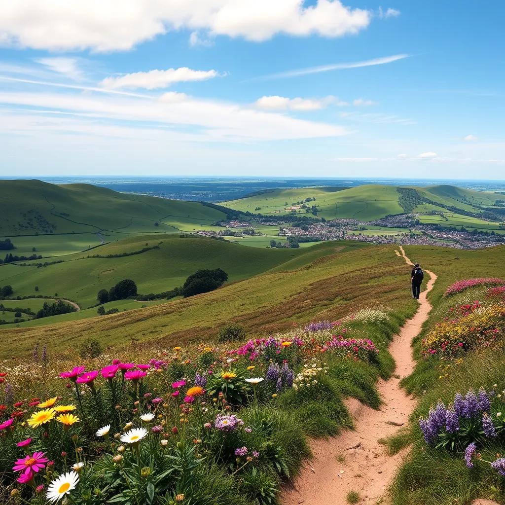 A panoramic view of the Yorkshire Wolds Way trail, featuring rolling green hills, blooming wildflowers, and a clear blue sky. Include distant quaint villages and hikers enjoying the scenic landscape, creating a serene and inviting atmosphere.