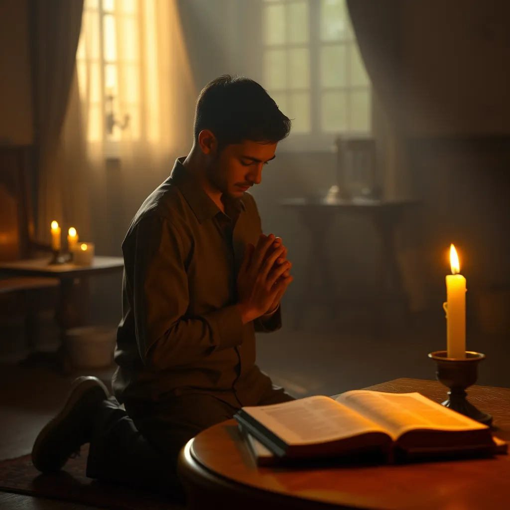 A peaceful, candlelit room with a kneeling person in prayer, hands clasped and eyes closed. The atmosphere is calm, with warm light casting soft shadows. On a nearby table, a lit candle flickers beside an open Bible, symbolizing devotion and hope.