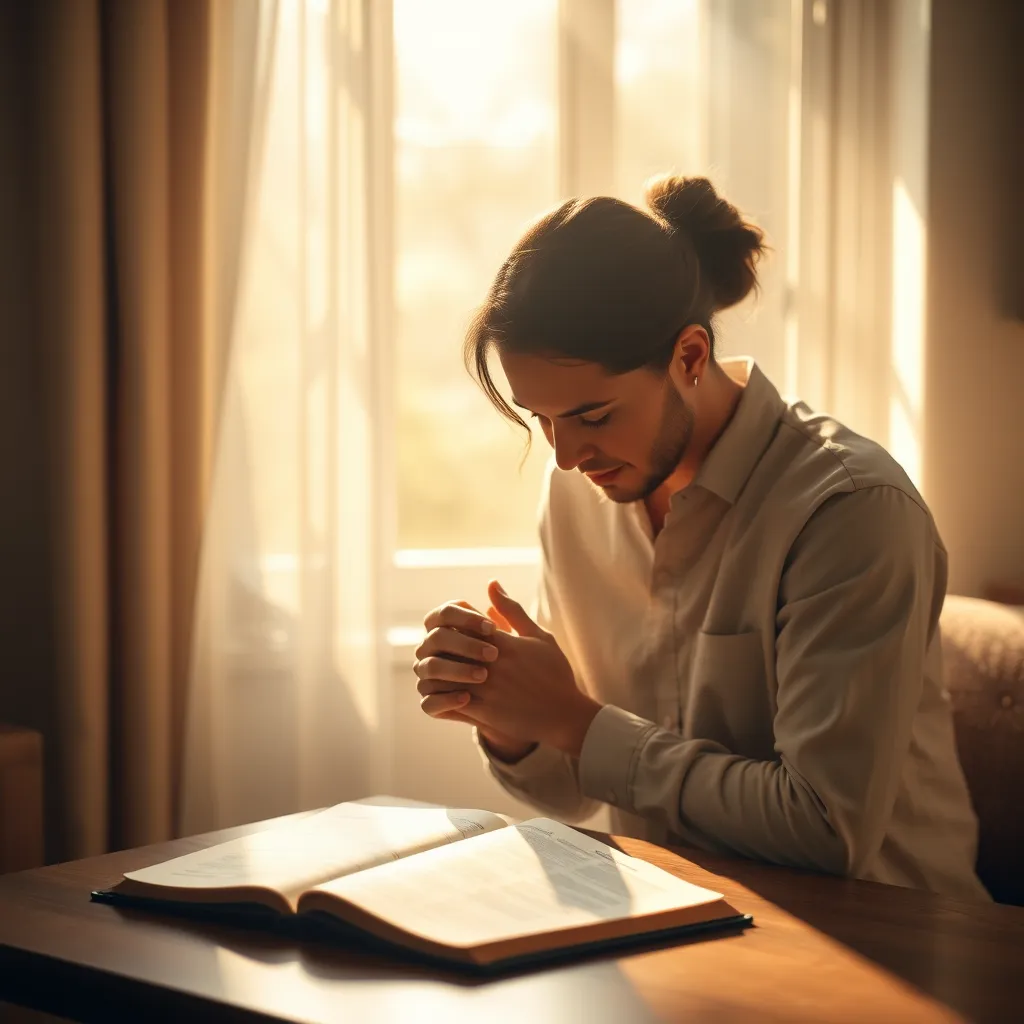 A peaceful and intimate setting featuring a couple holding hands and praying together, surrounded by soft, warm lighting. A bible is open on a table nearby, with gentle sunlight streaming through a window, symbolizing hope and connection.