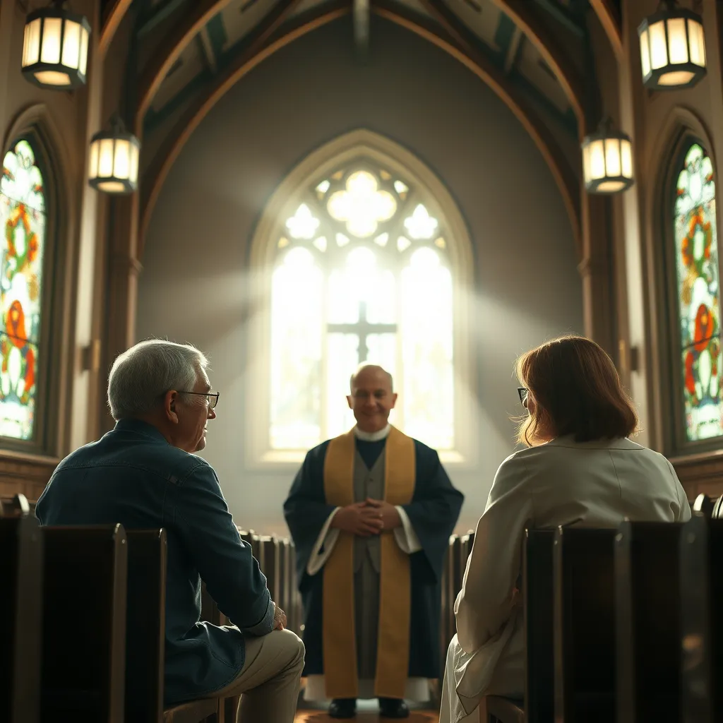 A peaceful church interior with a couple seated with a friendly clergyman, engaging in a heartfelt conversation. Soft light filters through stained glass windows, creating a warm and inviting atmosphere, symbolizing faith as a foundation for relationships.