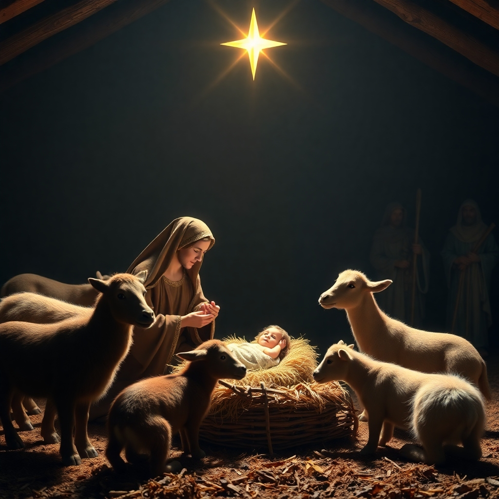 A peaceful nativity scene depicting Mary, Joseph, and baby Jesus surrounded by animals under a glowing star. Soft light illuminates the stable setting, with shepherds and wise men in the background, conveying a sense of warmth and reverence.
