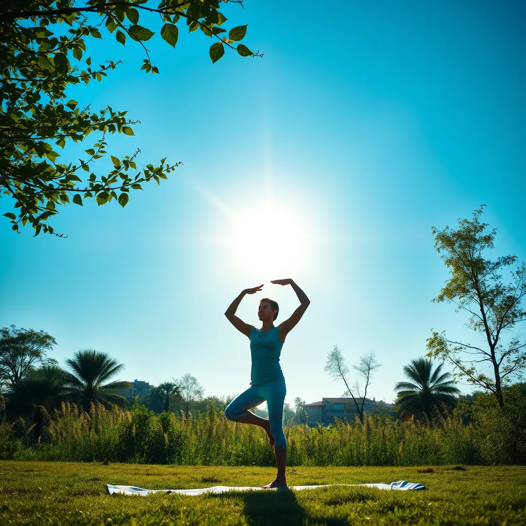 A peaceful outdoor setting where a person is practicing yoga under the sun. The image captures the calmness of nature, with vibrant greenery and a blue sky. The individual is focused and at peace, embodying mindfulness and wellness in the moment.