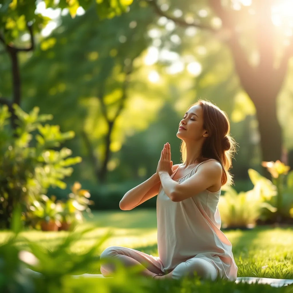 A peaceful scene depicting a mother practicing yoga in a serene garden, feeling relaxed and centered. Sunlight filtering through the trees, with soft, green surroundings, symbolizing tranquility and self-care amidst the parenting journey.