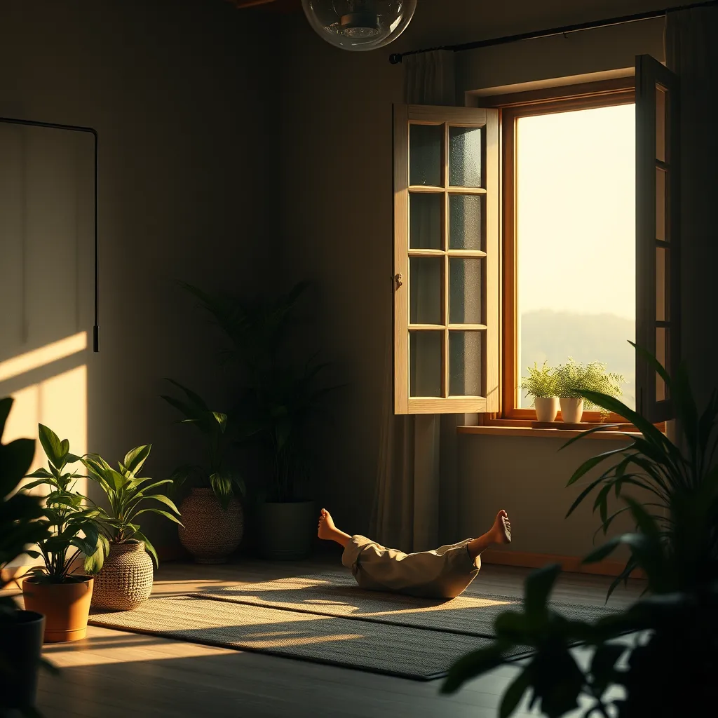 A peaceful setting featuring a person meditating in a quiet room adorned with plants and soft lighting. A calming atmosphere is created with an open window showing a gentle breeze, reinforcing themes of peace and mental clarity.
