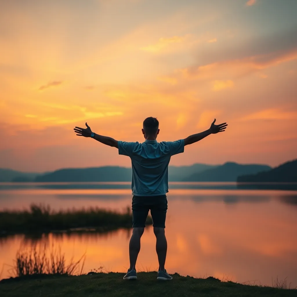 A peaceful sunset over a calm lake, symbolizing tranquility and trust. In the foreground, a person stands with outstretched arms, embracing the moment, surrounded by nature. The sky is painted in rich warm hues, reflecting hope and divine timing.