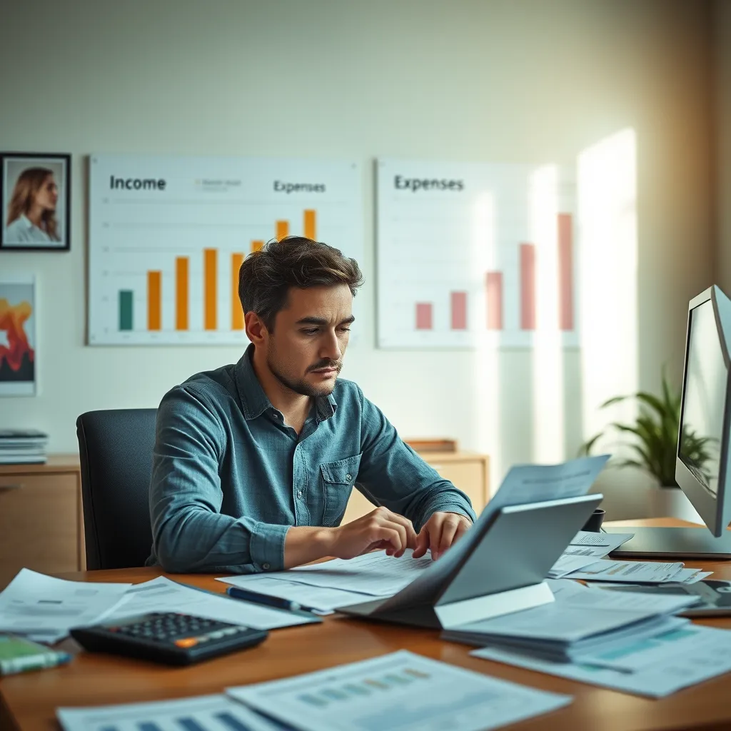 A person sitting at a desk with a calculator, spreadsheets, and financial documents organized around them. The individual looks thoughtful, analyzing their finances, with a chart showing income and expenses on the wall in the background. Natural light coming through the window creates a calm atmosphere.