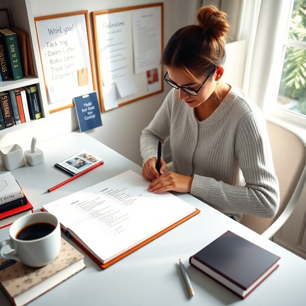 A person sitting at a desk, writing down goals in a journal with a checklist format. Surround them with motivational books, a vision board, and a cup of coffee. Capture a cozy, inspiring workspace with soft, natural lighting.