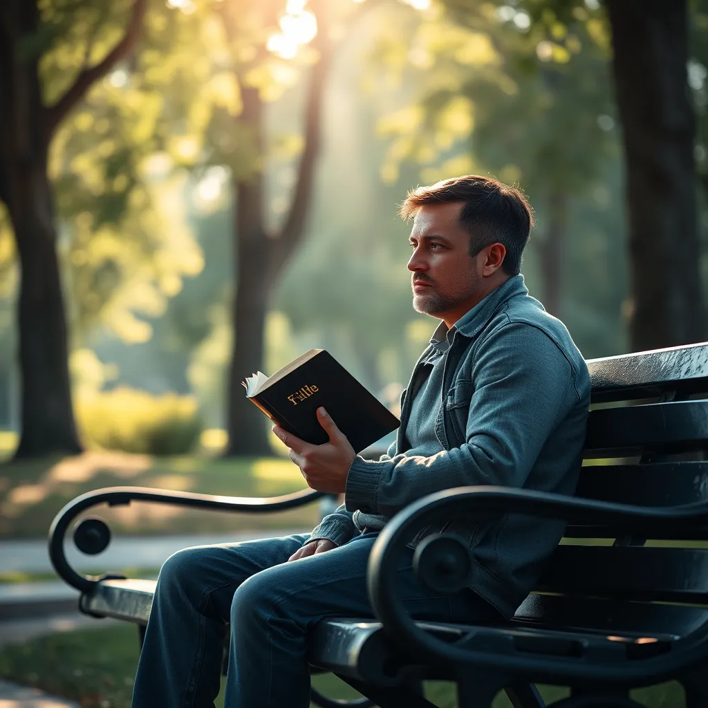 A person sitting on a park bench, looking contemplative while holding a Bible, symbolizing solace in faith. The scene captures a serene environment, with gentle sunlight filtering through trees, conveying peace and strength amidst life's challenges.