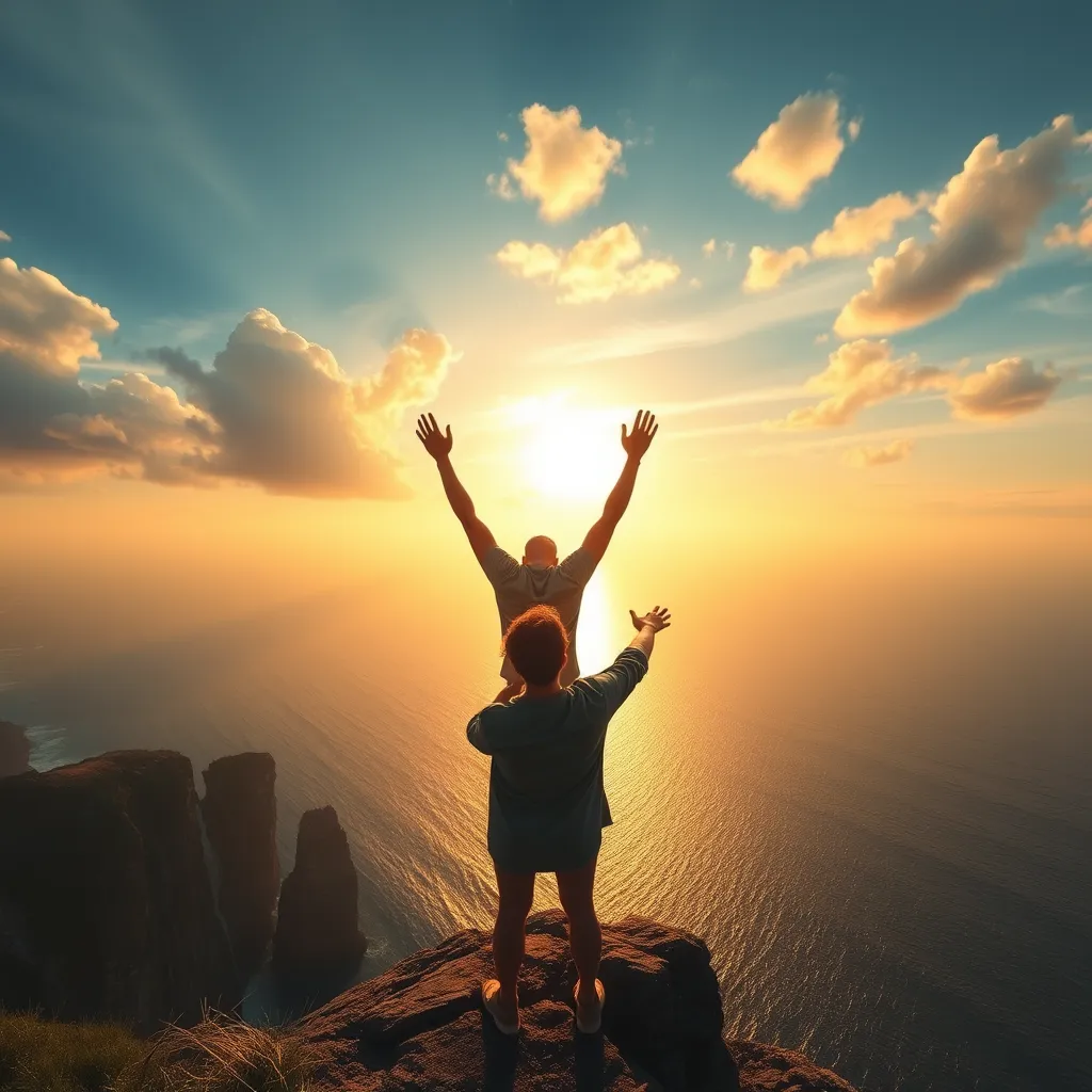 A person standing on a cliff overlooking a vast ocean, arms raised as if releasing burdens into the wind. A beautiful sunrise paints the sky, symbolizing hope and the power of prayer over worries, creating an inspiring and uplifting atmosphere.