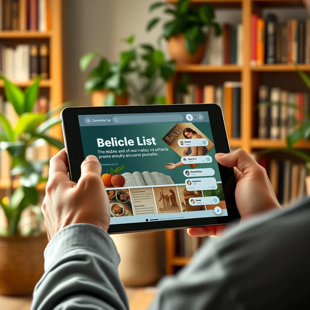 A person using a tablet or smartphone to navigate a vibrant educational platform with a Bible study layout. Background elements should include bookshelves filled with religious texts, plants for a calming atmosphere, and a community chat feature visible on the screen.