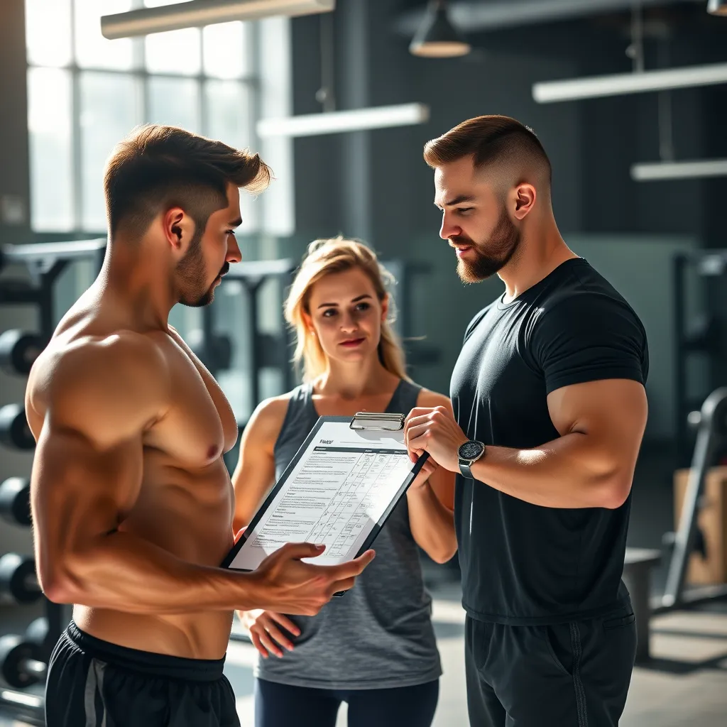 A personal trainer providing guidance to a client in a bright gym setting, pointing to a meal plan on a clipboard, with weights and fitness equipment in the background, one-on-one interaction showcasing encouragement and professionalism.