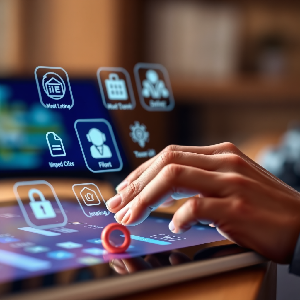 A photorealistic close-up of a person’s hands skillfully navigating through an interactive digital interface of the selected AI tools. The background is softly blurred, centering attention on the tools' UI. A warm color palette creates an inviting learning atmosphere. The textures should depict a sleek touchscreen device, enhancing the sense of interactivity and technology's seamless integration into everyday tasks.