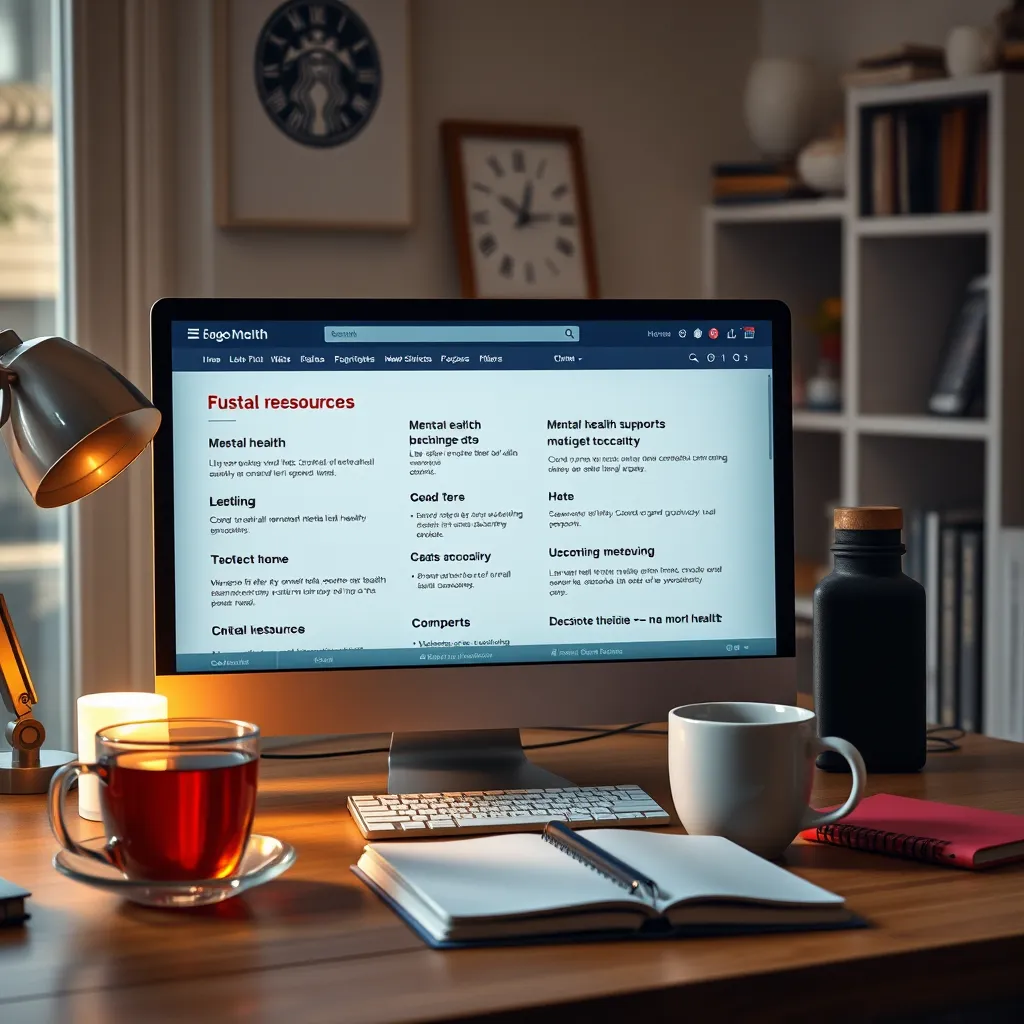 A photorealistic computer screen displaying various mental health website resources and helplines, surrounded by cups of tea and notebooks, in a cozy home office setting, illustrating the accessibility of online support.
