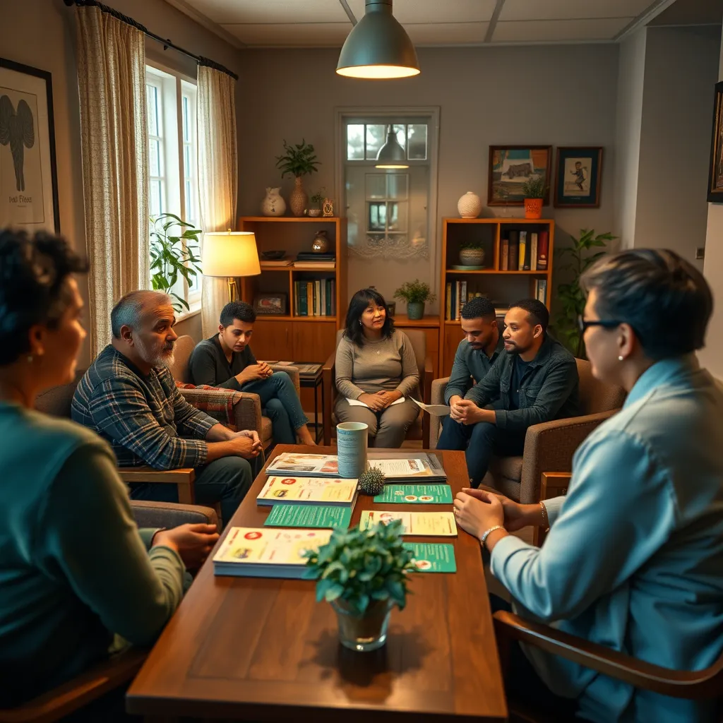 A photorealistic image depicting a diverse group of people sitting in a cozy, welcoming counseling office, with mental health brochures on the table and a therapist speaking compassionately to a client, showcasing accessibility.