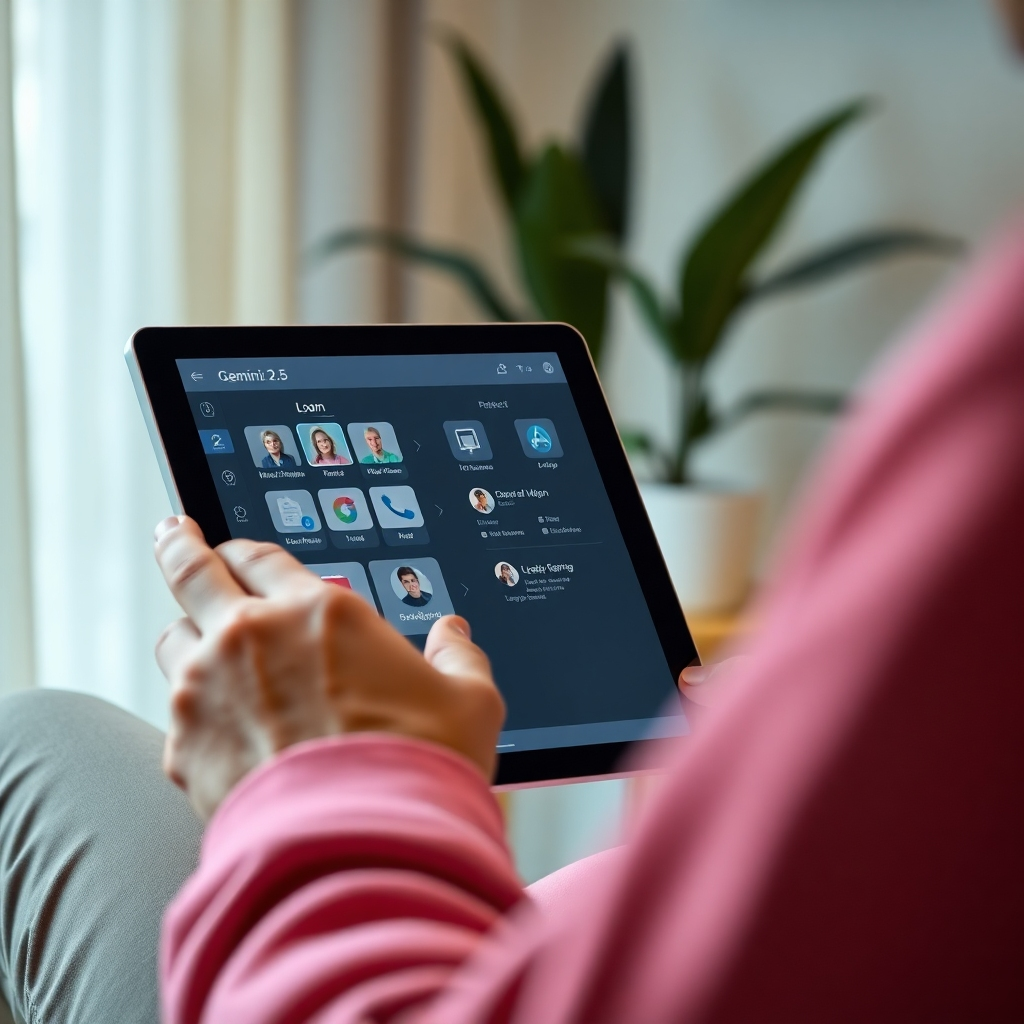 A photorealistic image displaying a close-up view of a user interacting with the Gemini 2.5 interface on a tablet. The lighting is focused and comfortable, showcasing the sleek design of the software. The color palette is modern, featuring soft pastels, with sharp textures enhancing the visual clarity of the tablet screen.