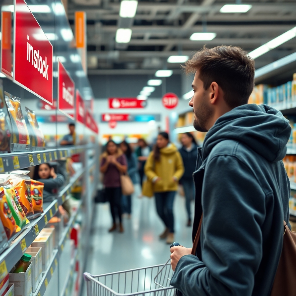 A photorealistic image of a busy retail aisle with a sign saying 'In Stock', while a shopper looks excitedly at a product on the shelf. Other shoppers are visible in the background, creating an active shopping atmosphere.