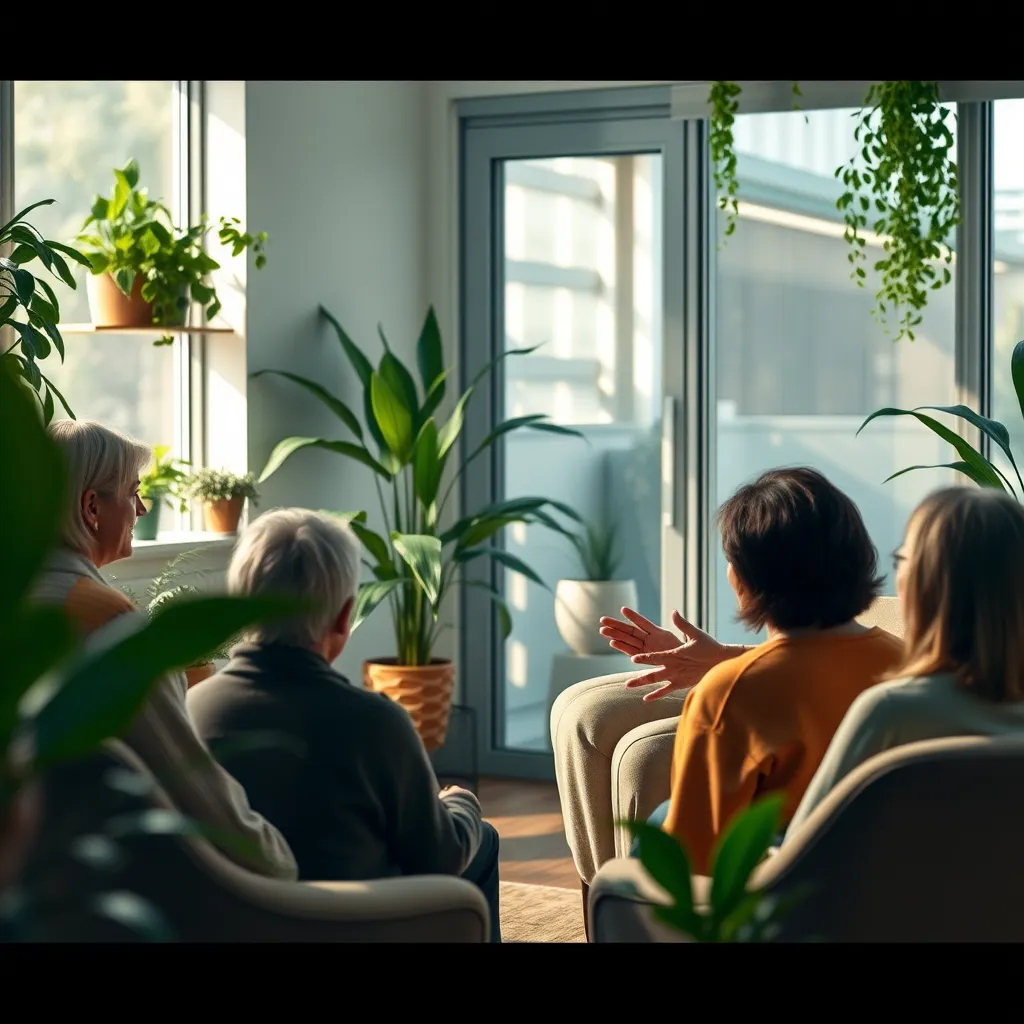 A photorealistic image of a caring counselor in an office space, guiding a small group in a supportive discussion. The room is bright and airy, adorned with plants and warm lighting, creating an inviting environment for sharing personal stories.