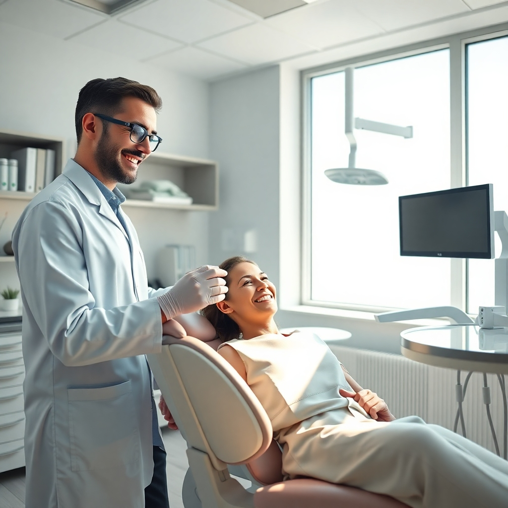 A photorealistic image of a dentist's office featuring a friendly dentist examining a patient in a dental chair. The room is bright and clean, with dental tools visible, and a large window letting in daylight to create a welcoming atmosphere.