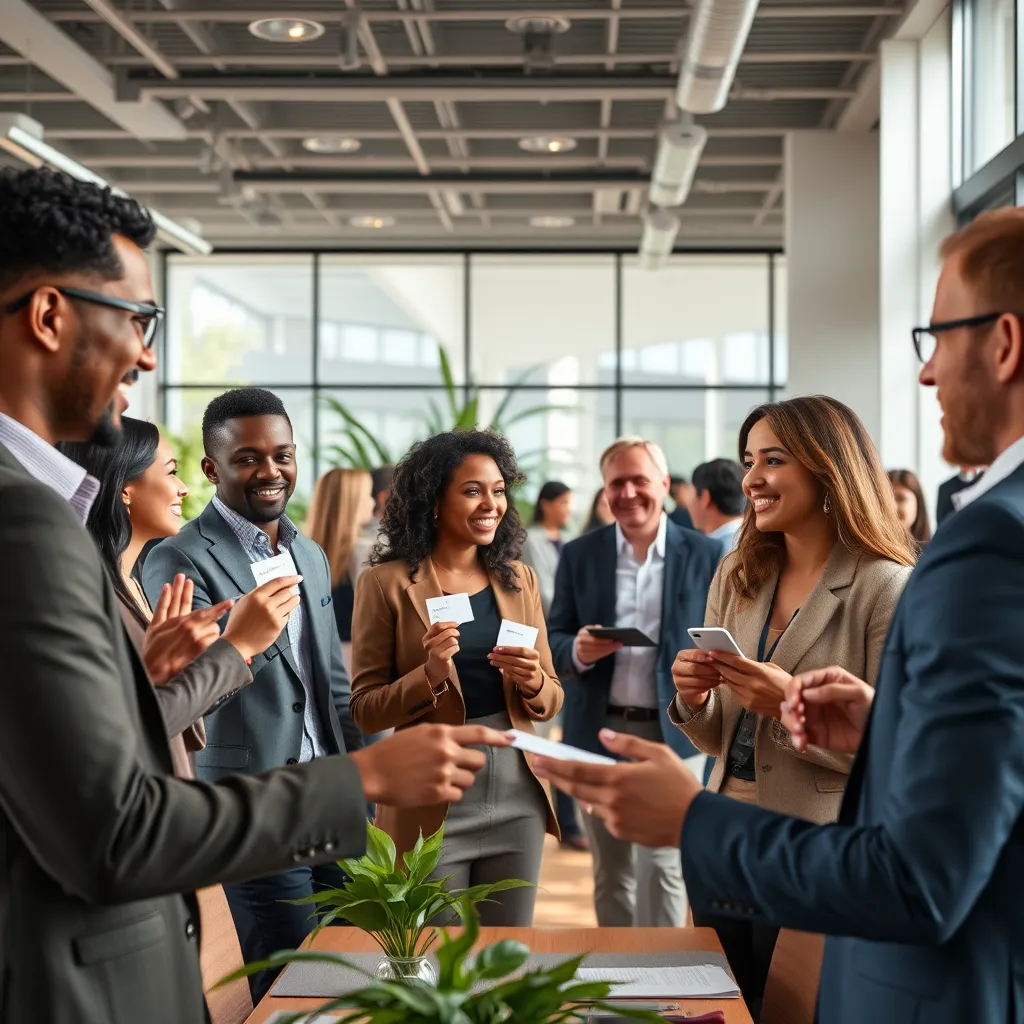 A photorealistic image of a diverse group of professionals engaging in a networking event, exchanging business cards, smiling, and sharing ideas, in a bright and spacious conference room filled with plants and natural light.