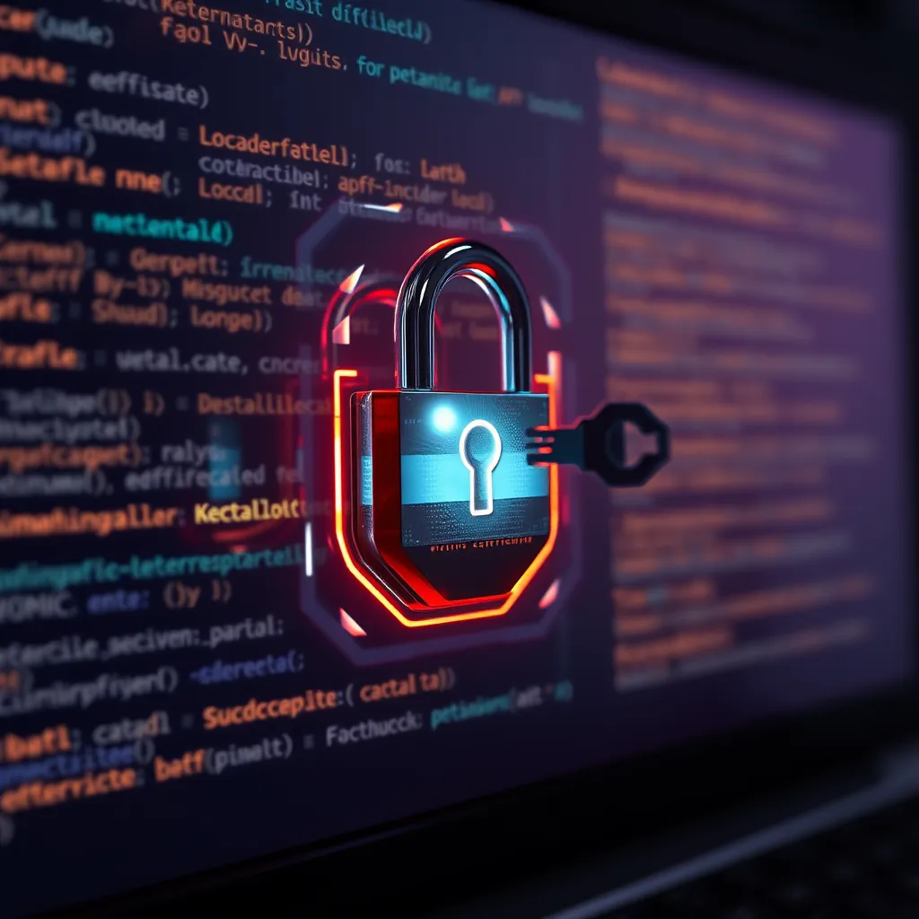 A photorealistic image of a digital key entering a high-tech lock on a computer screen. The background should feature an API code snippet and a glowing representation of data flowing securely, emphasizing the concept of secure access.