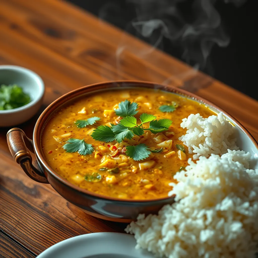 A photorealistic image of a dish of Macher Jhol served in a traditional Bengali bowl, placed on a wooden table with a side of steamed rice on a white plate. The dish is garnished with fresh coriander leaves and sliced green chilies, with steam subtly rising to indicate the dish is hot.