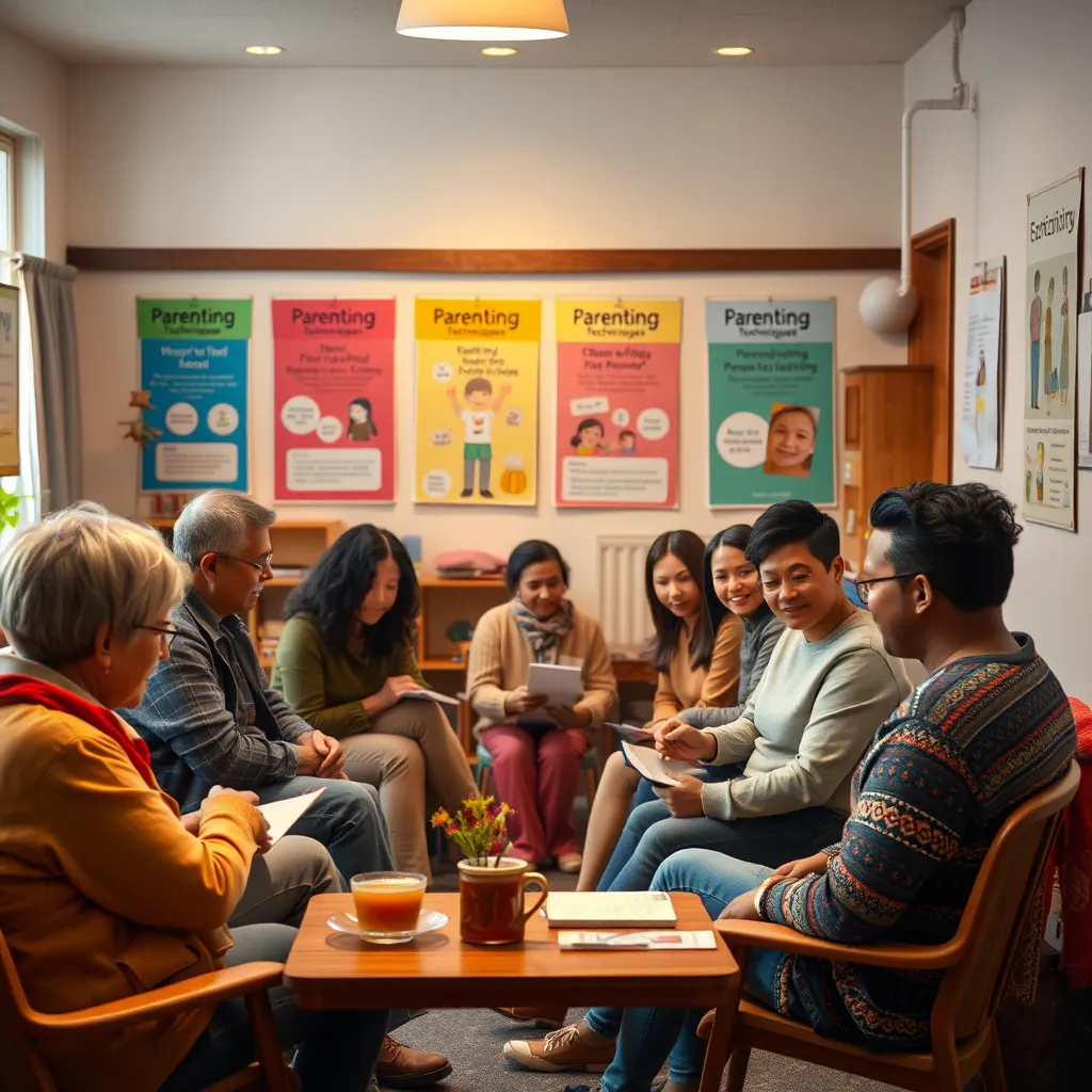 A photorealistic image of a diverse group of parents sitting in a cozy community center. Some are engaged in discussion while others take notes. There are colorful posters about parenting techniques on the walls and a table with refreshments. The atmosphere is warm and inviting.