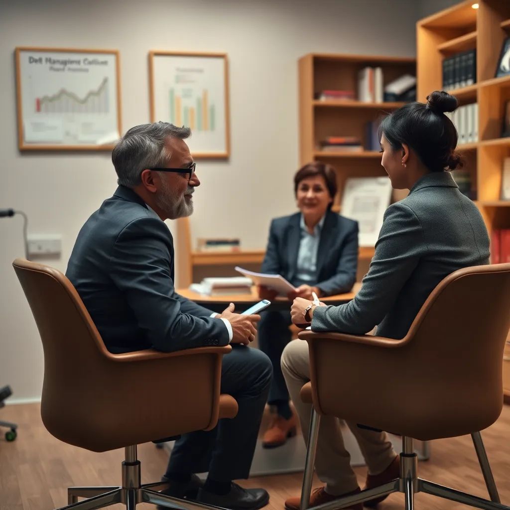 A photorealistic image of a financial advisor sitting across from a couple in an office, discussing debt management strategies. The room should have charts and financial books on shelves, conveying a sense of professionalism and trust.